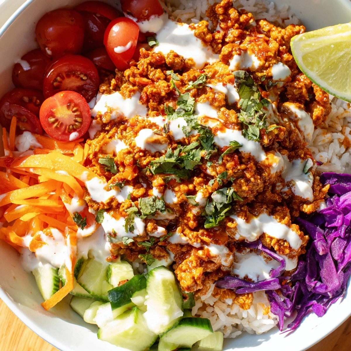 Warm spiced turkey rice bowls topped with colorful fresh vegetables and creamy yogurt sauce drizzle