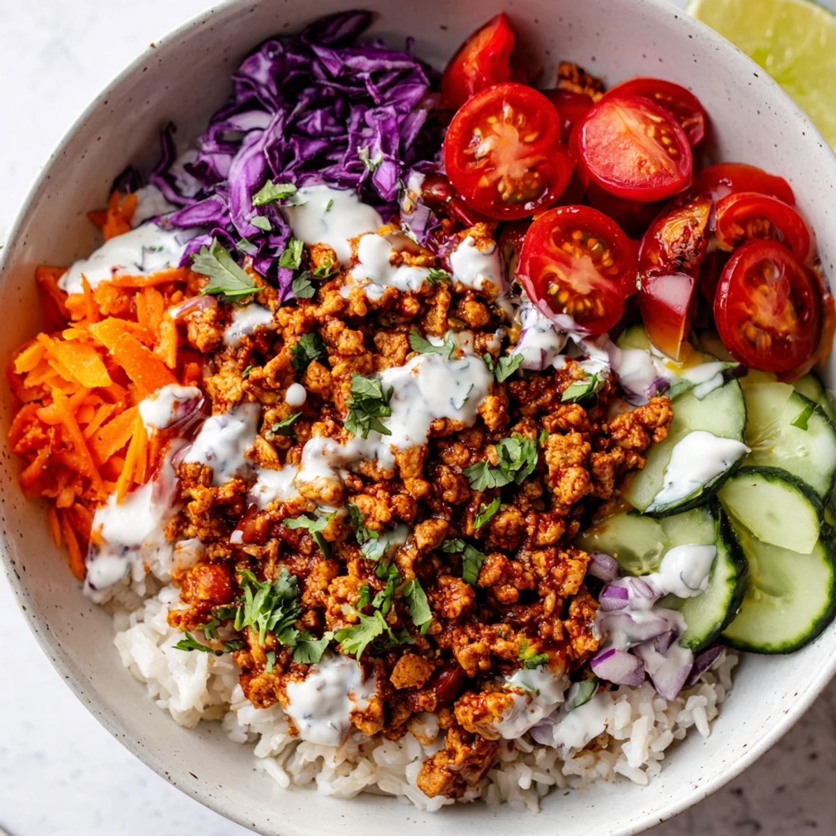 Aromatic spiced ground turkey served over fluffy jasmine rice with crisp cucumber and lime wedges