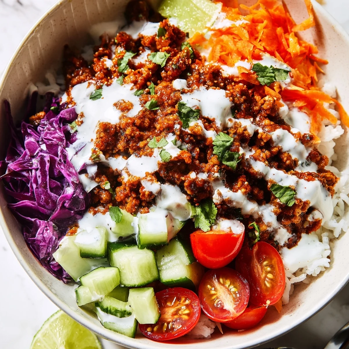 Vibrant spiced turkey rice bowls layered with shredded cabbage tomatoes and herbs in rustic ceramic dishes