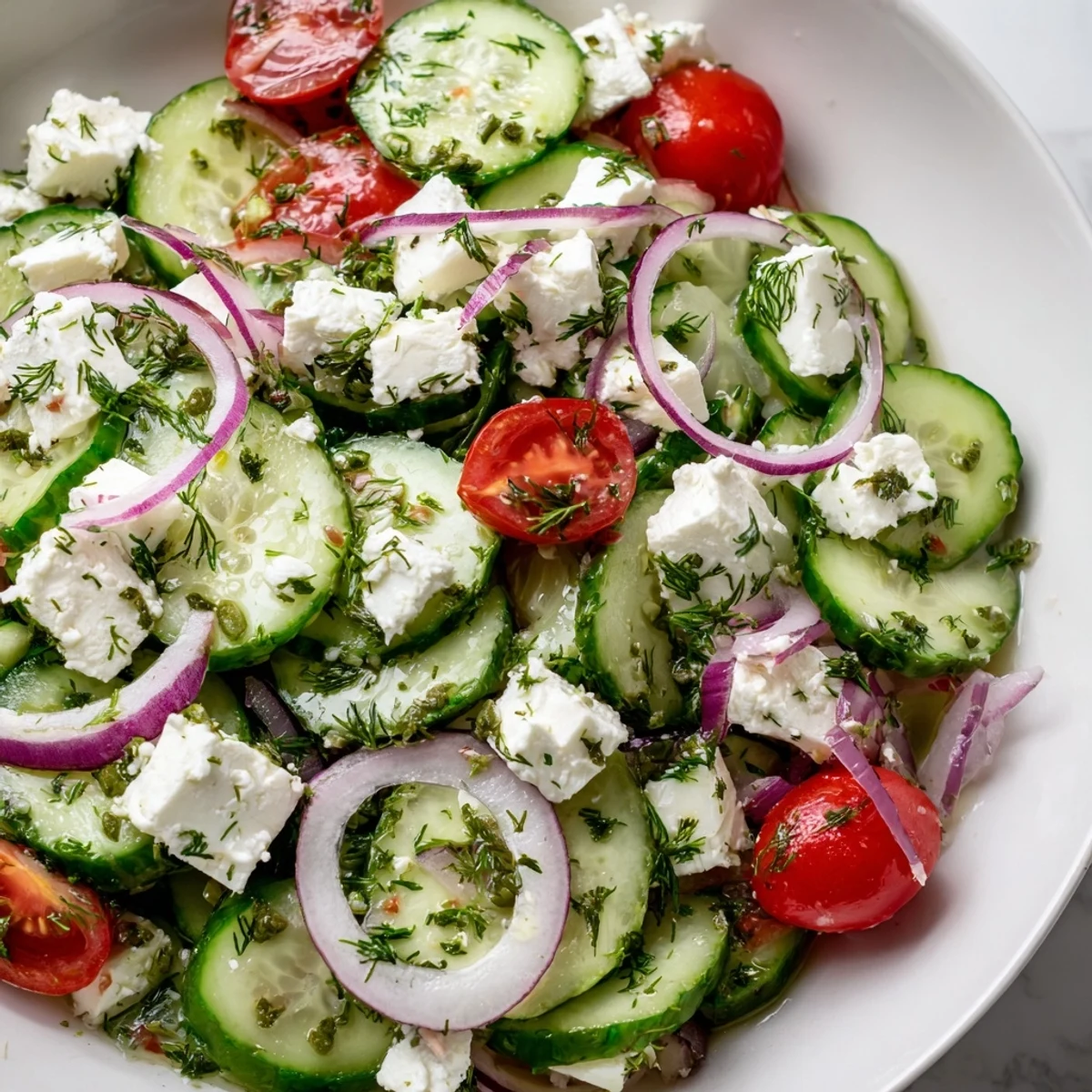 Crumbled feta tops a bright feta cucumber herb salad studded with juicy cherry tomatoes on a rustic plate.