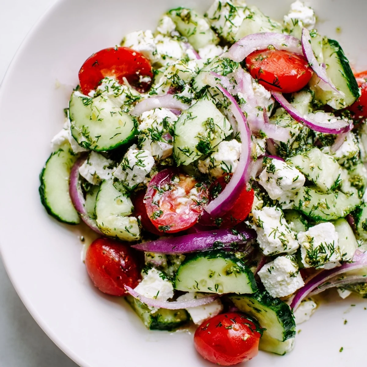 Creamy feta clings to crisp cucumber slices in this vibrant feta cucumber herb salad garnished with fresh dill.
