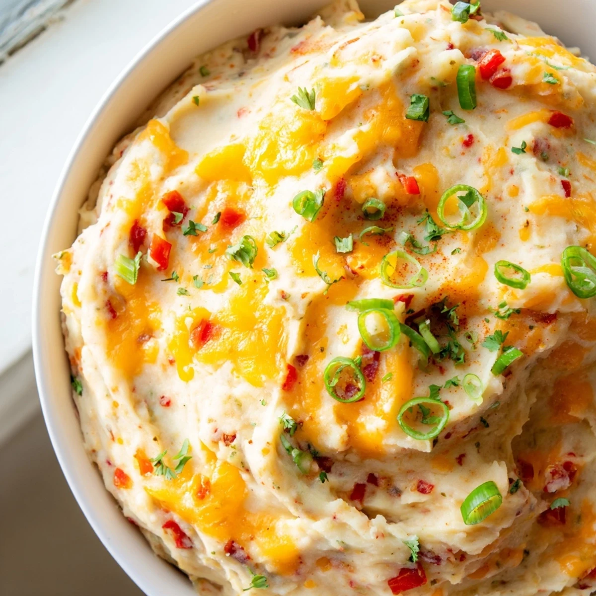 Creamy Tex Mex mashed potatoes topped with melted cheddar and fresh cilantro