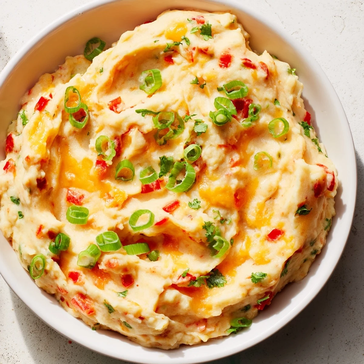 Golden Tex Mex mashed potatoes served in a rustic bowl with green onion garnish
