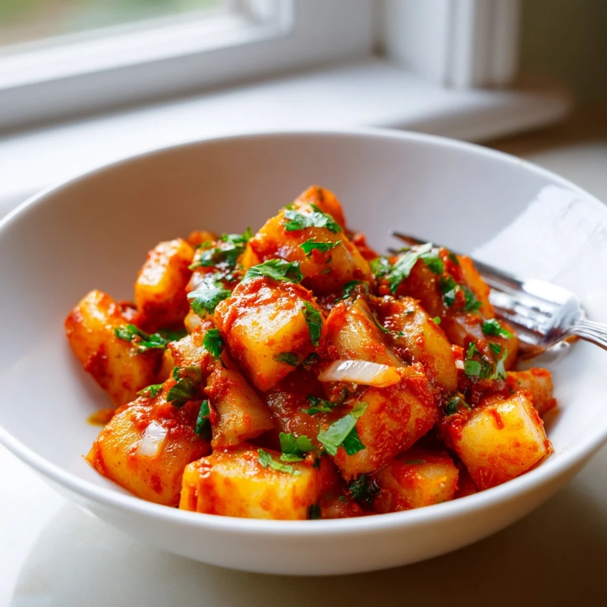 Tender cubed potatoes simmered in a rich red chile sauce for papas con chile, garnished with fresh cilantro