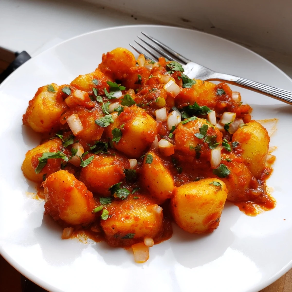 Golden potato chunks coated in a vibrant mildly spicy chile sauce in this classic papas con chile recipe