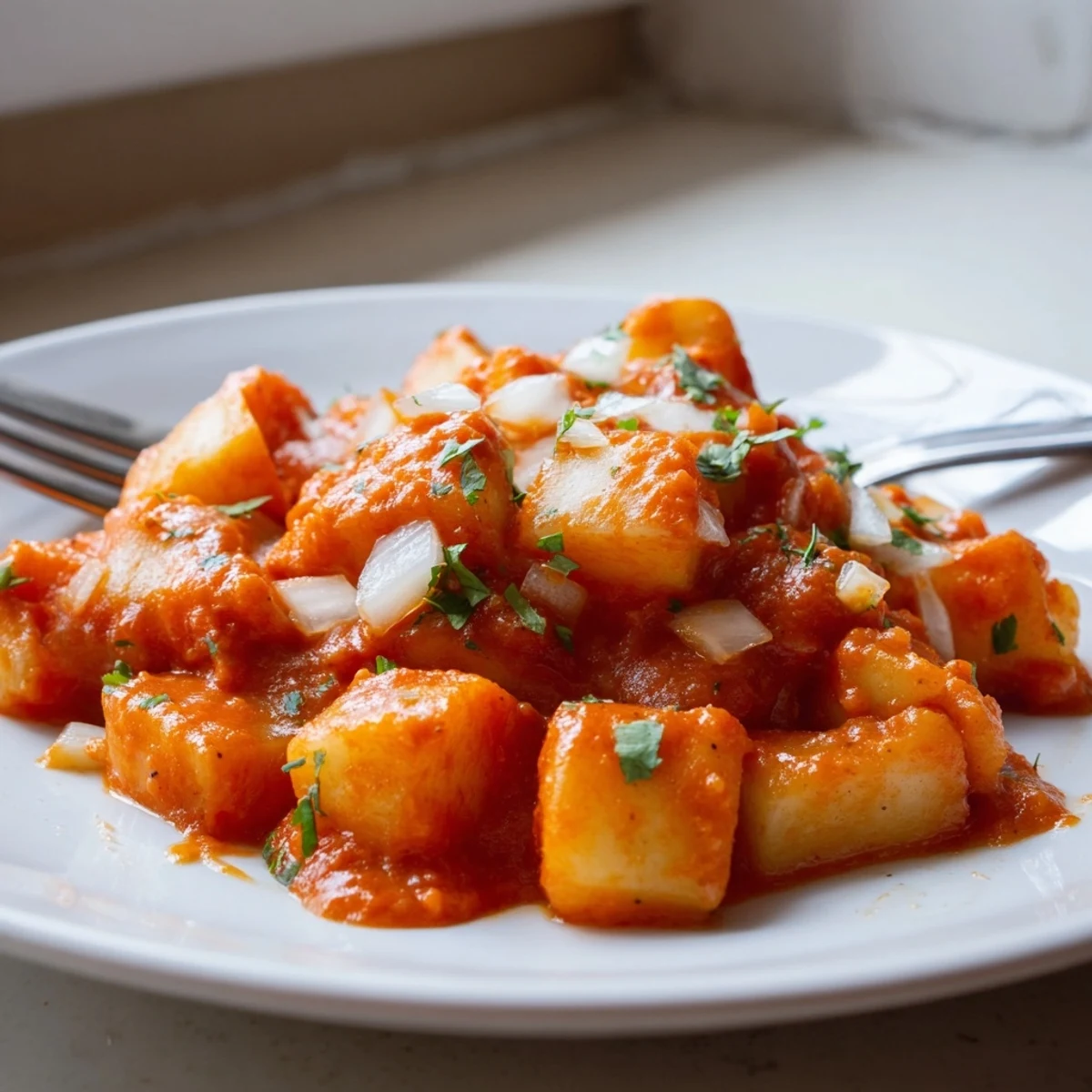 Steaming bowl of papas con chile with soft potatoes in a thick tomato chile gravy sprinkled with cilantro