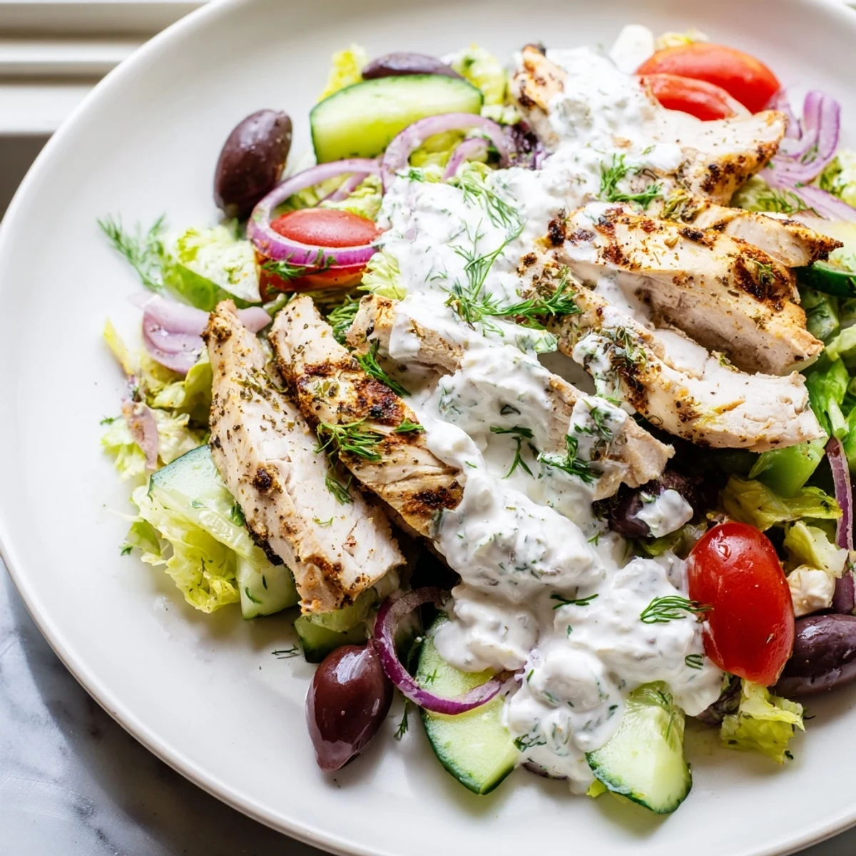 Juicy sliced grilled chicken nestled over crisp greens with creamy whipped feta dressing
