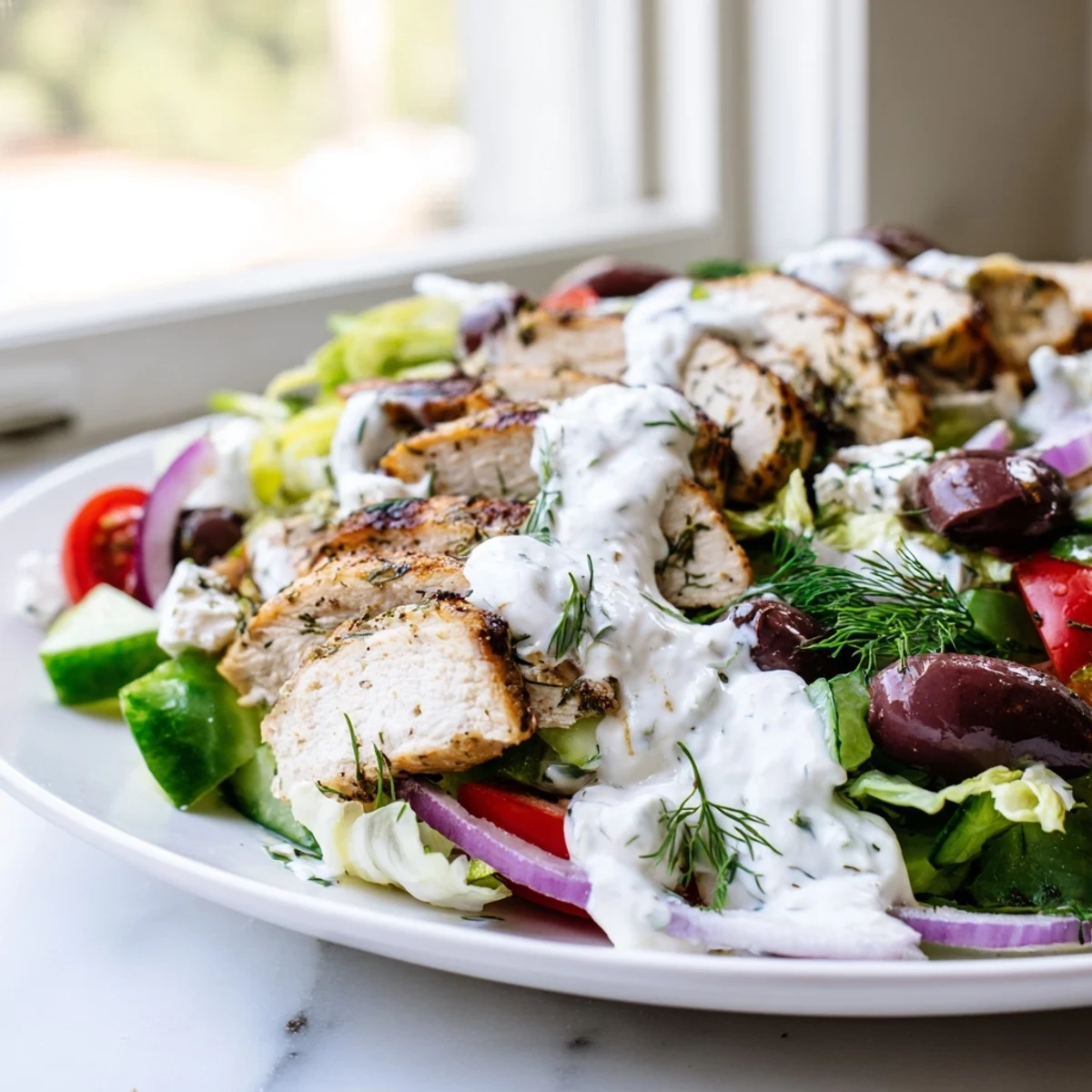 Tangy Kalamata olives and vibrant vegetables drenched in whipped feta over Greek chicken salad