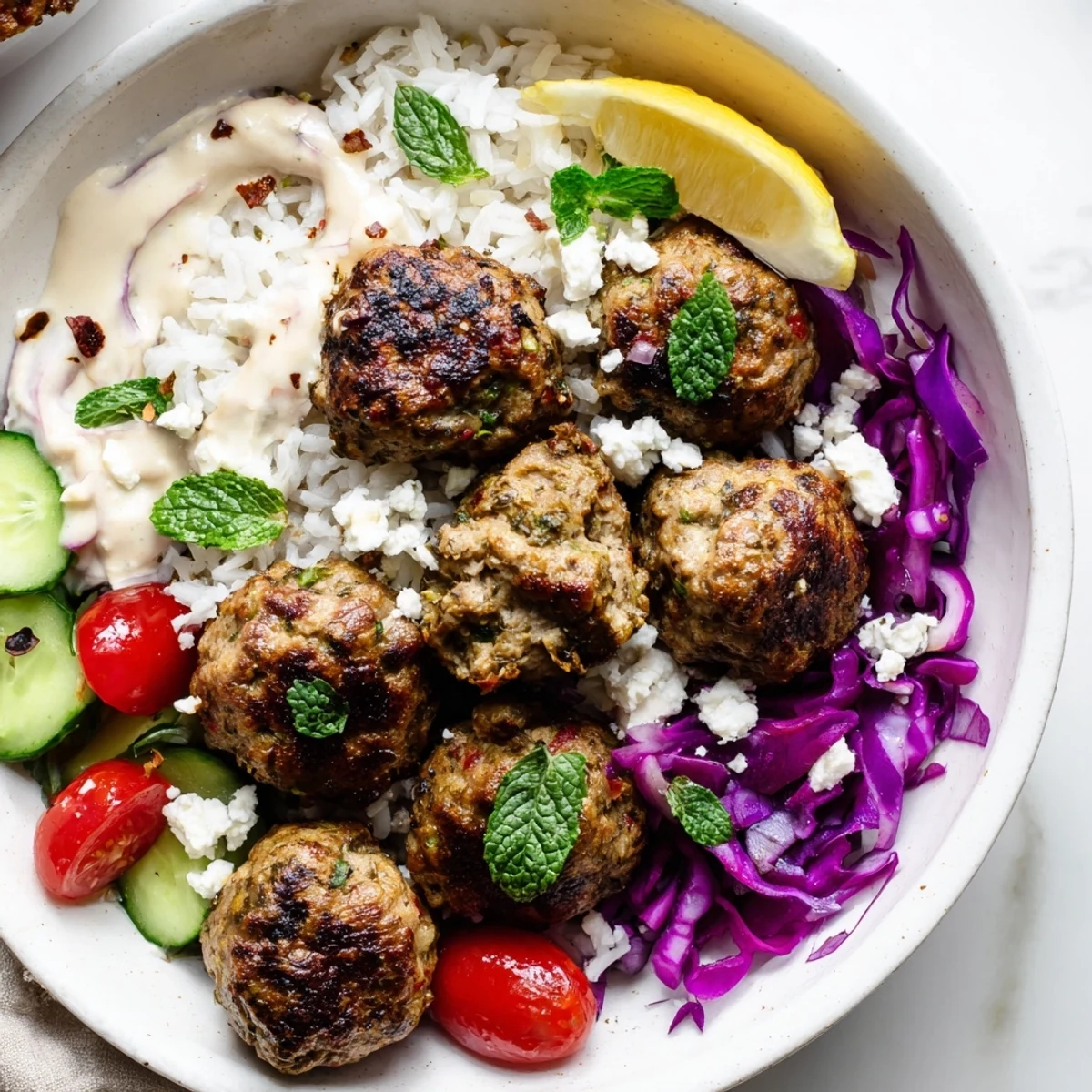 Golden zaatar turkey meatballs nestled over fluffy rice with crisp vegetables and creamy tahini