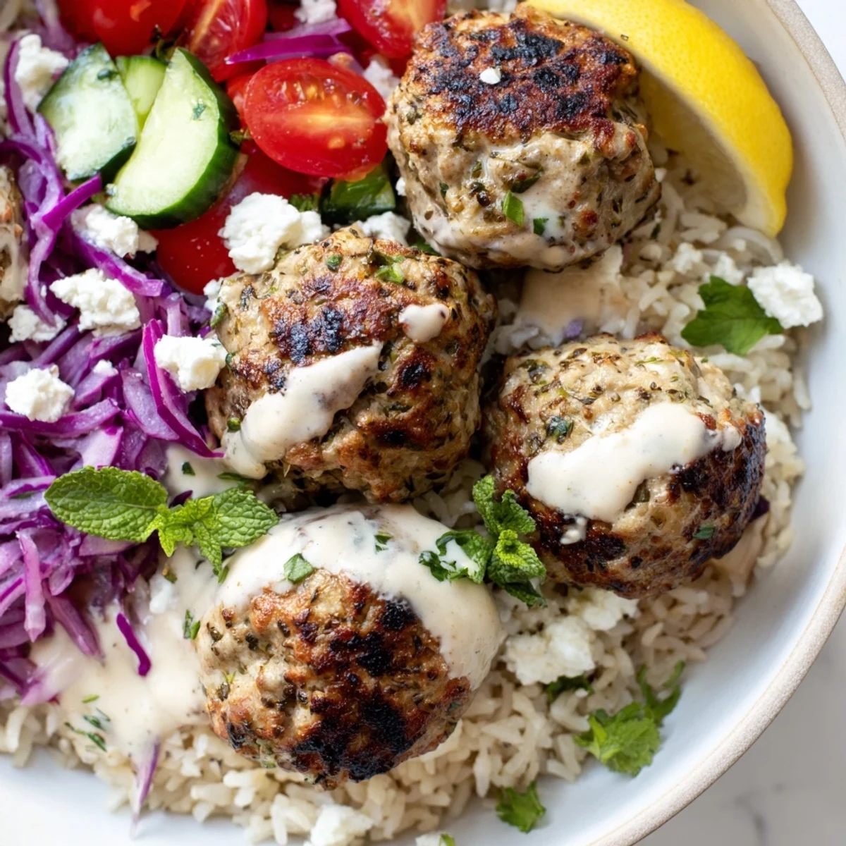 Mediterranean zaatar turkey meatball bowls drizzled with smooth tahini and bright lemon wedges