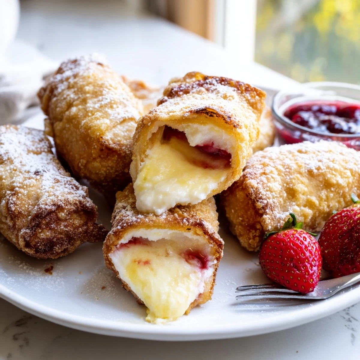 Golden crispy cheesecake egg rolls dusted with powdered sugar on a rustic plate