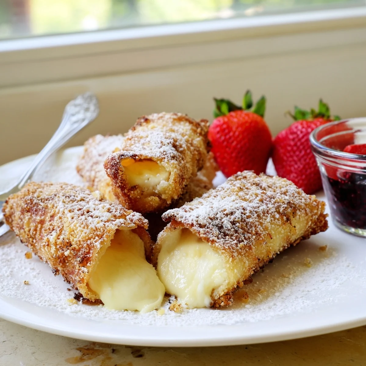 Creamy cheesecake egg rolls served warm with fresh strawberries and chocolate drizzle