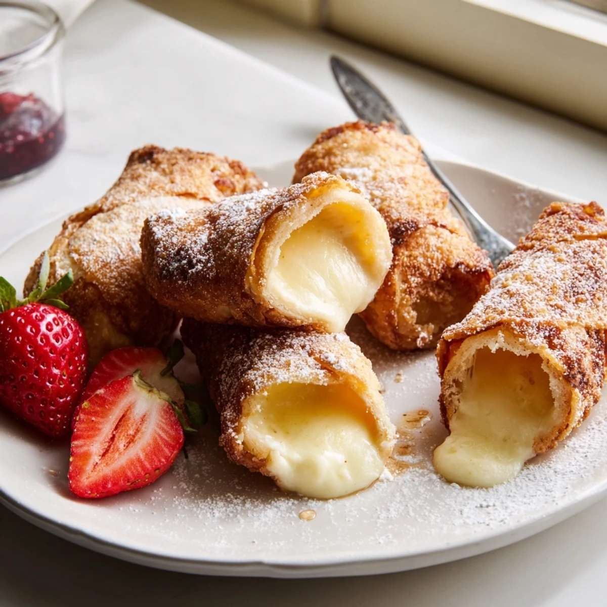 Crunchy cheesecake egg rolls arranged on a platter alongside sweet berry compote