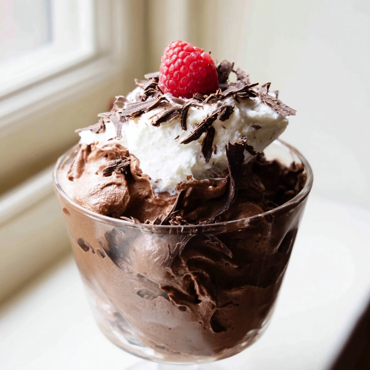 Creamy chocolate mousse scooped into ramekins and garnished with dark chocolate shavings