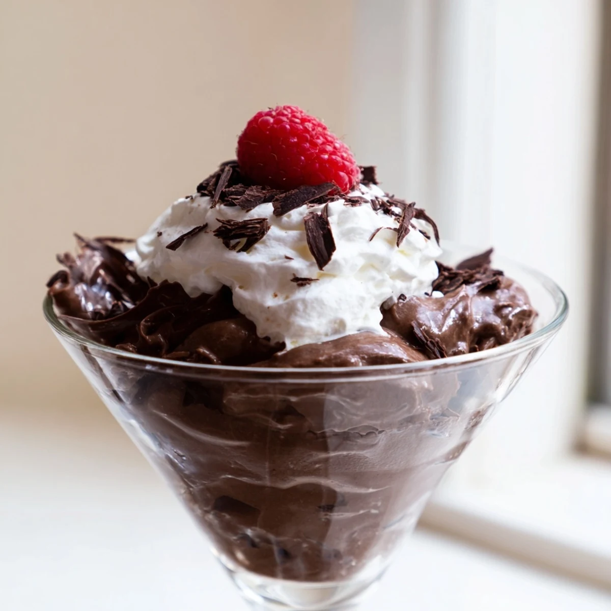 Silky chocolate mousse served in elegant glasses topped with fluffy whipped cream