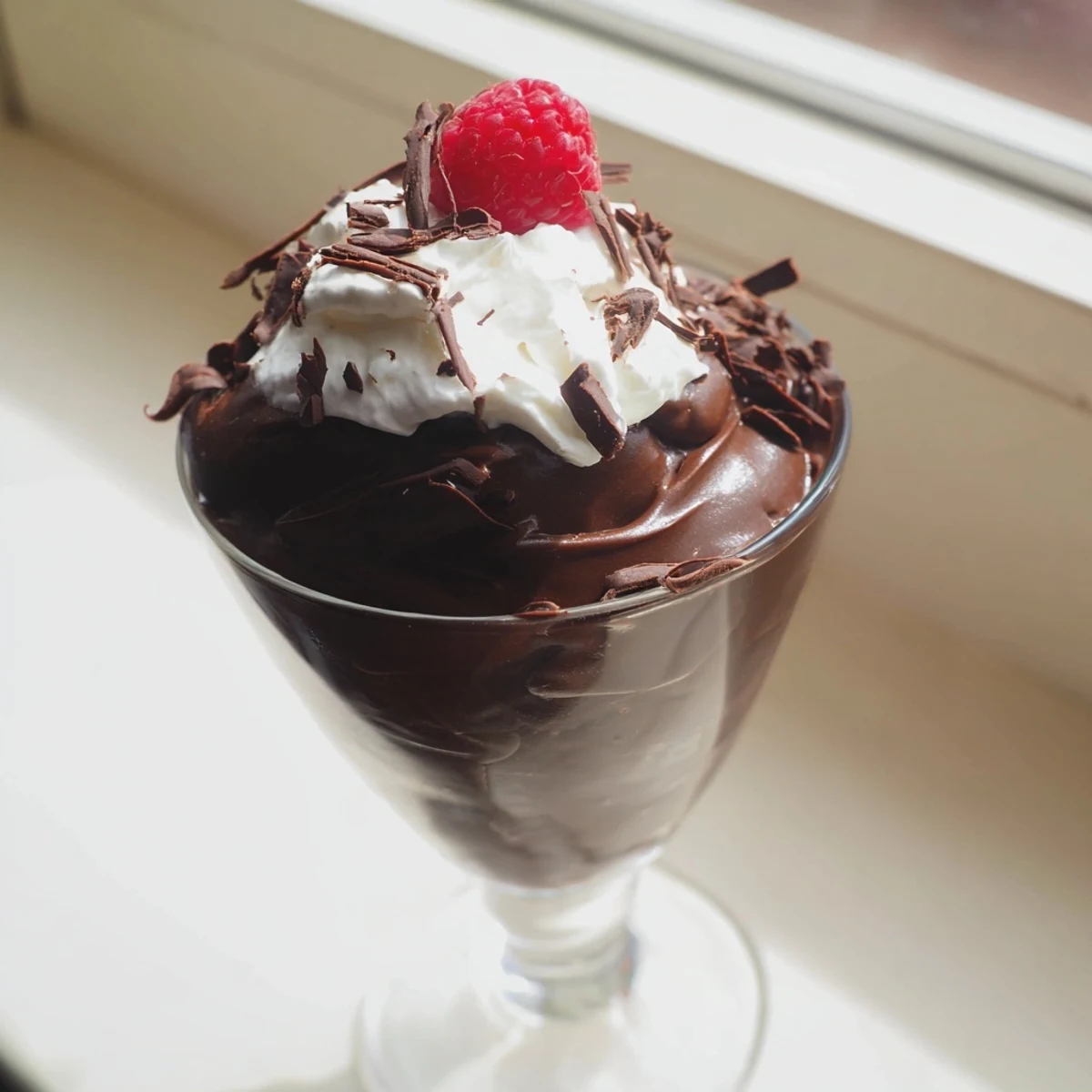 Rich and airy chocolate mousse crowned with fresh raspberries in clear dessert cups
