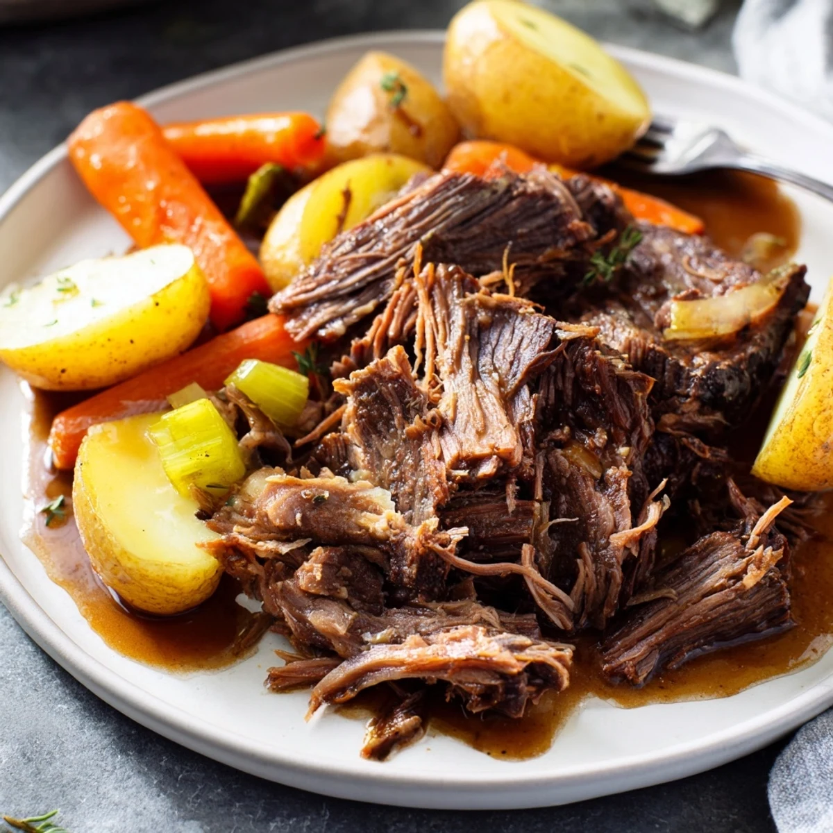 Tender perfect pot roast surrounded by carrots, potatoes, and rich pan gravy