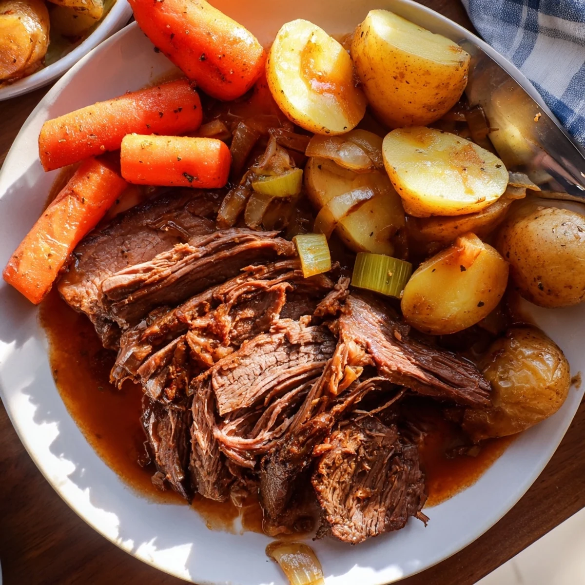 Perfect pot roast sliced thick alongside golden potatoes and herb-infused braising broth