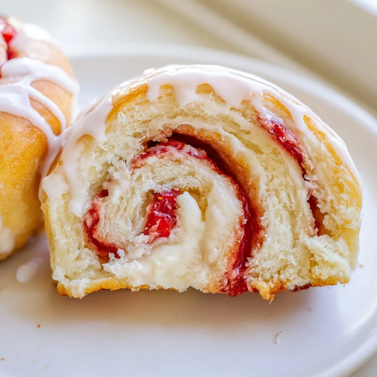 Golden strawberry cheesecake rolls drizzled with sweet vanilla glaze on a rustic plate