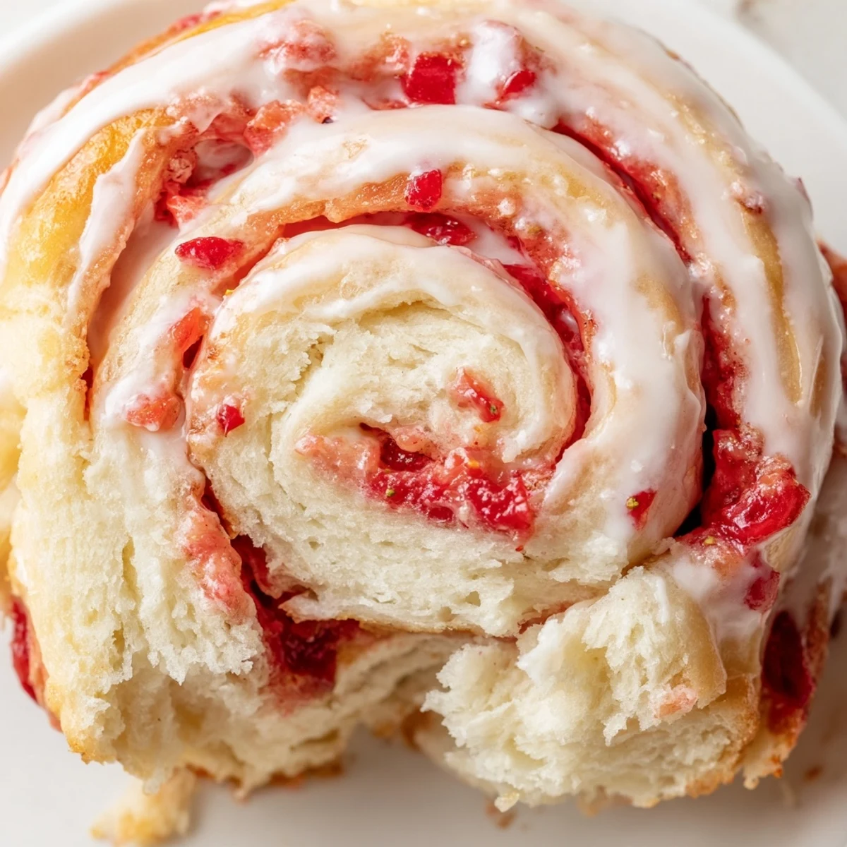 Warm strawberry cheesecake rolls topped with glossy icing beside fresh berries