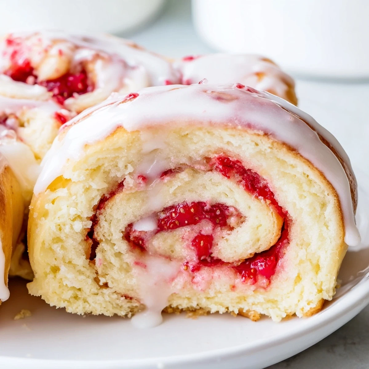 Soft swirled strawberry cheesecake rolls fresh from the oven with creamy filling