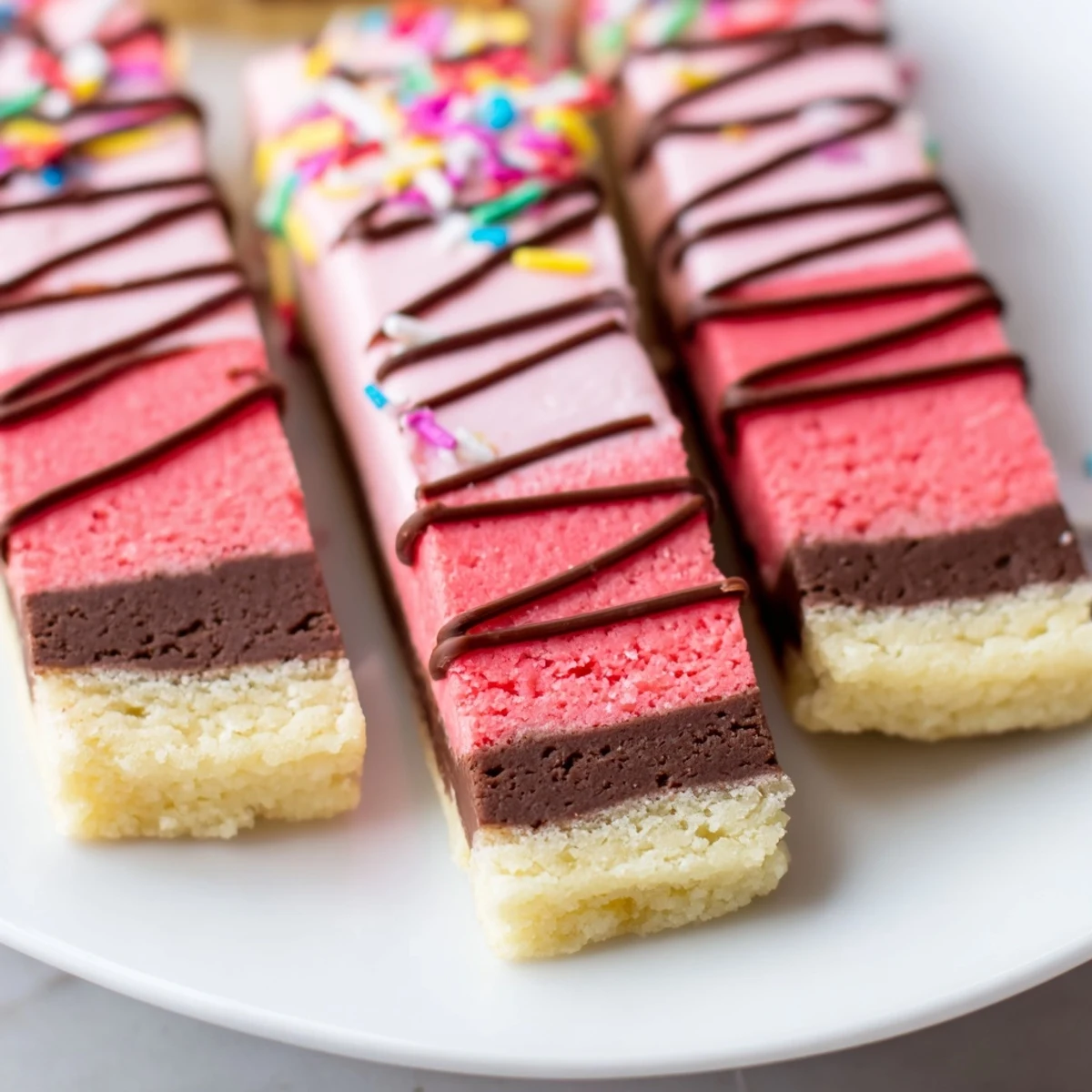 Neapolitan Cookies sliced into neat bars drizzled with melted semisweet chocolate