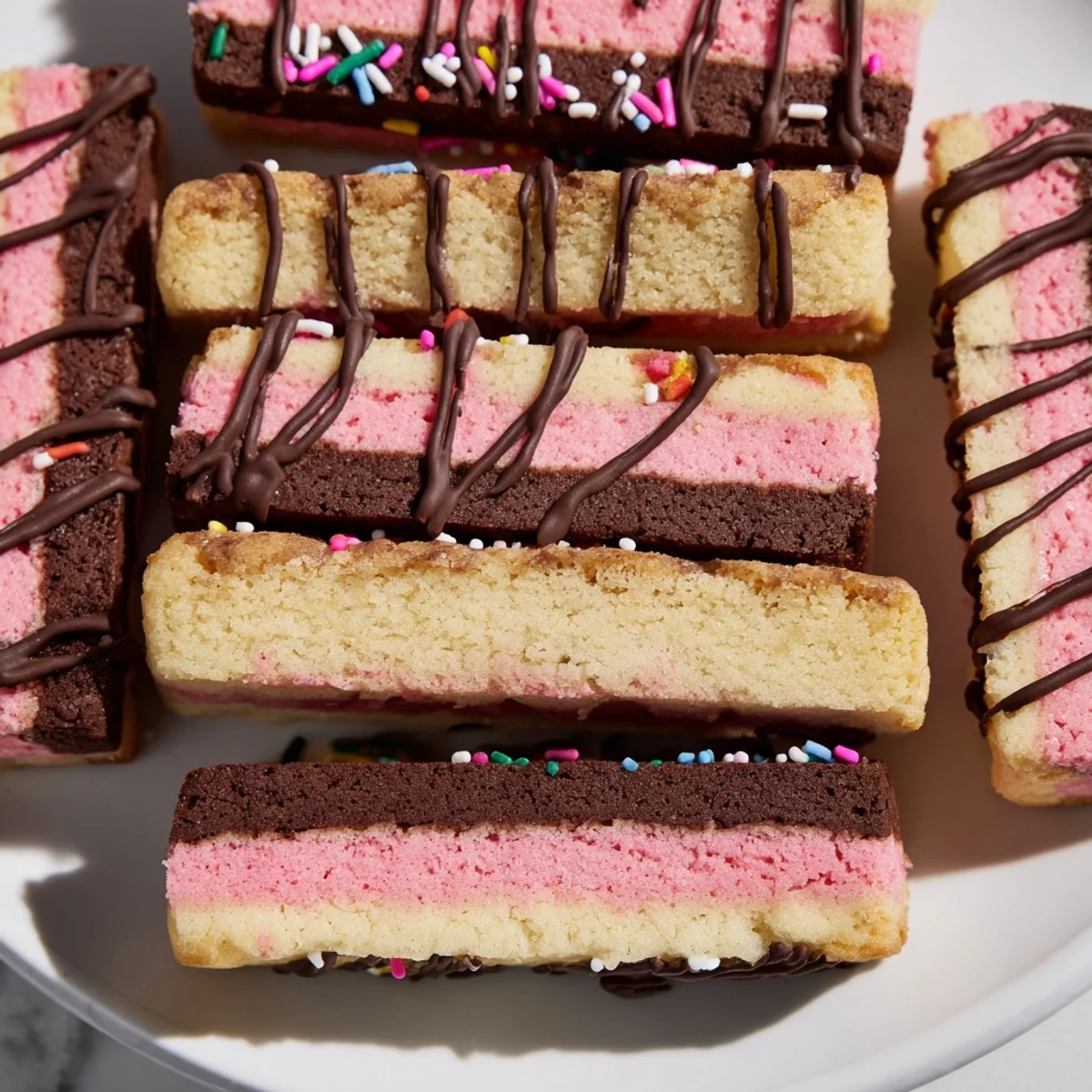 Colorful Neapolitan Cookies layered with chocolate, vanilla, and pink strawberry dough