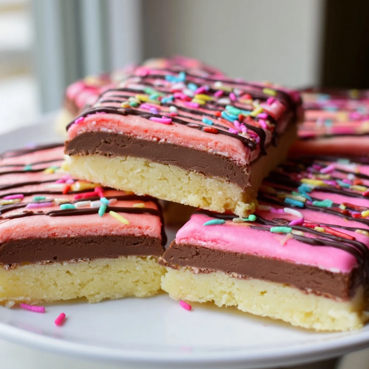 Tri-color Neapolitan Cookies stacked on a platter with crunchy sprinkle garnish