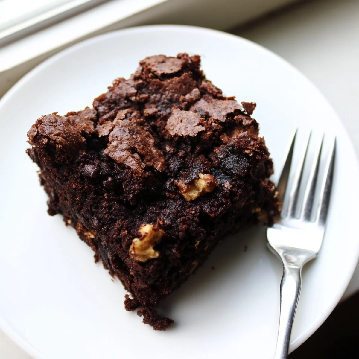 Fudgy brownie squares with a crackly top, dusted with cocoa powder