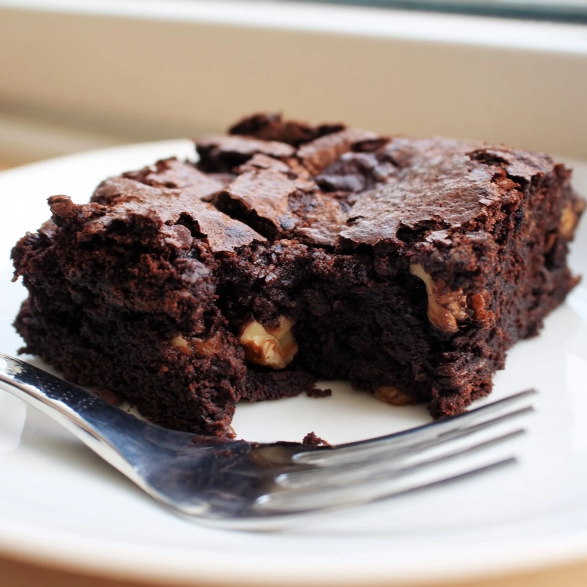 Rich chocolate brownie cut into gooey squares on a rustic board