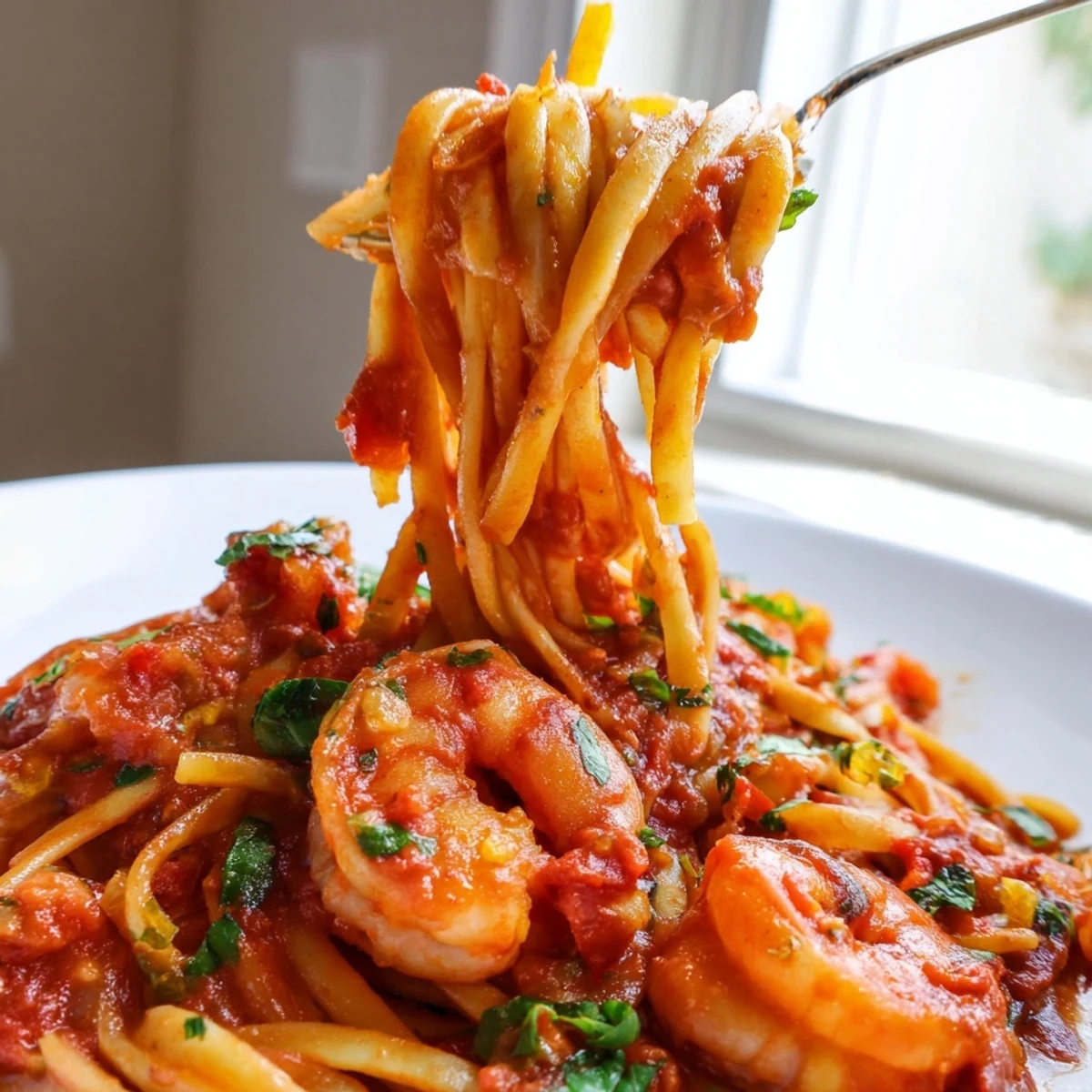 Plump shrimp fra diavolo in a rich, spicy tomato sauce served over tender linguine pasta