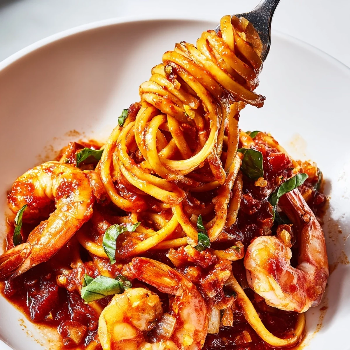 Golden seared shrimp fra diavolo topped with fresh parsley and a bright lemon wedge