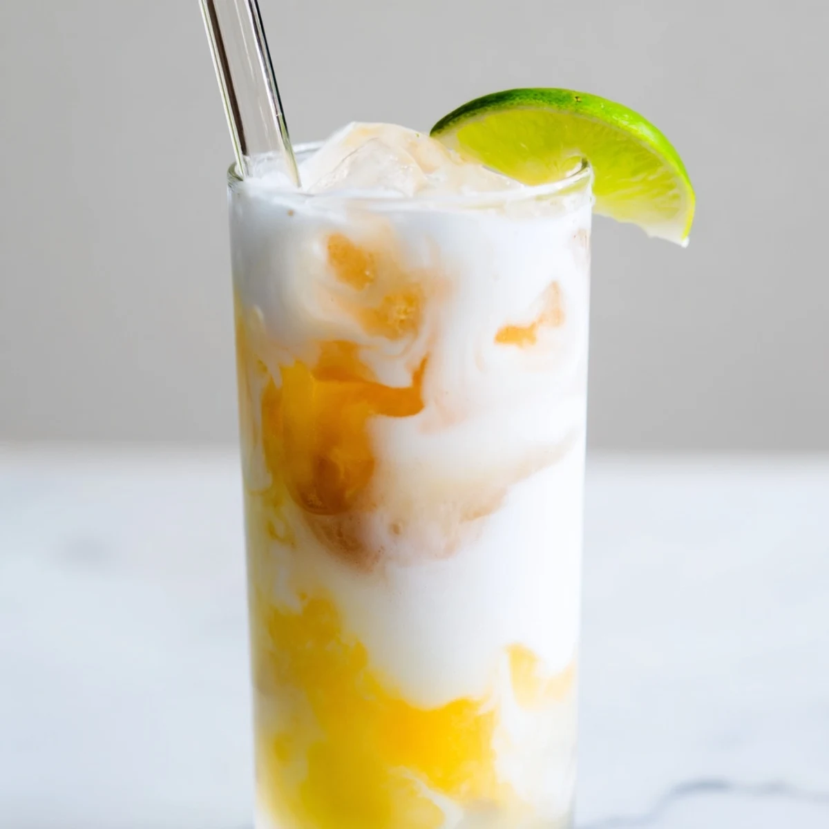 Creamy Tropical Thunder Dirty Soda in a tall glass with pineapple garnish and swirling colors
