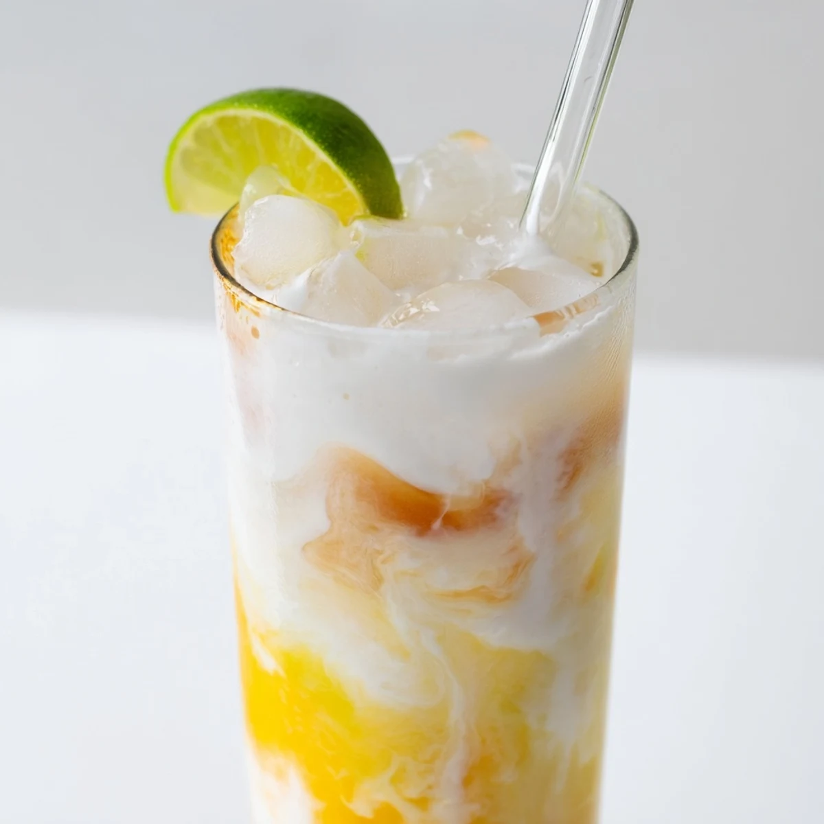 Tropical Thunder Dirty Soda poured over ice with a rich marbled coconut cream swirl