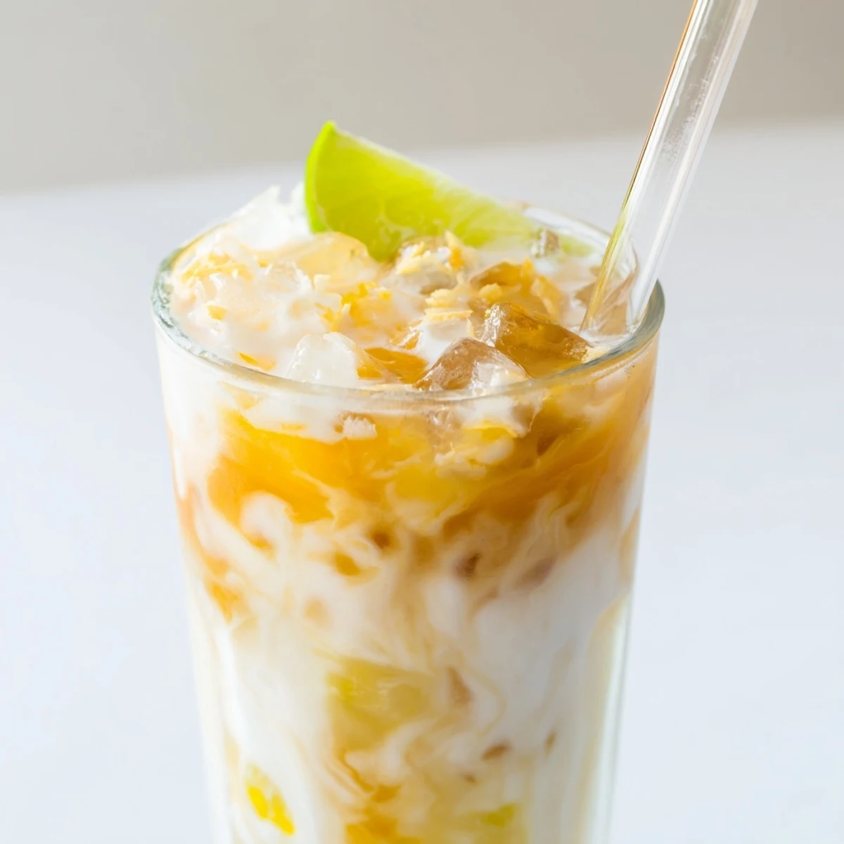 Fizzy Tropical Thunder Dirty Soda topped with lime wedges and fresh pineapple on ice
