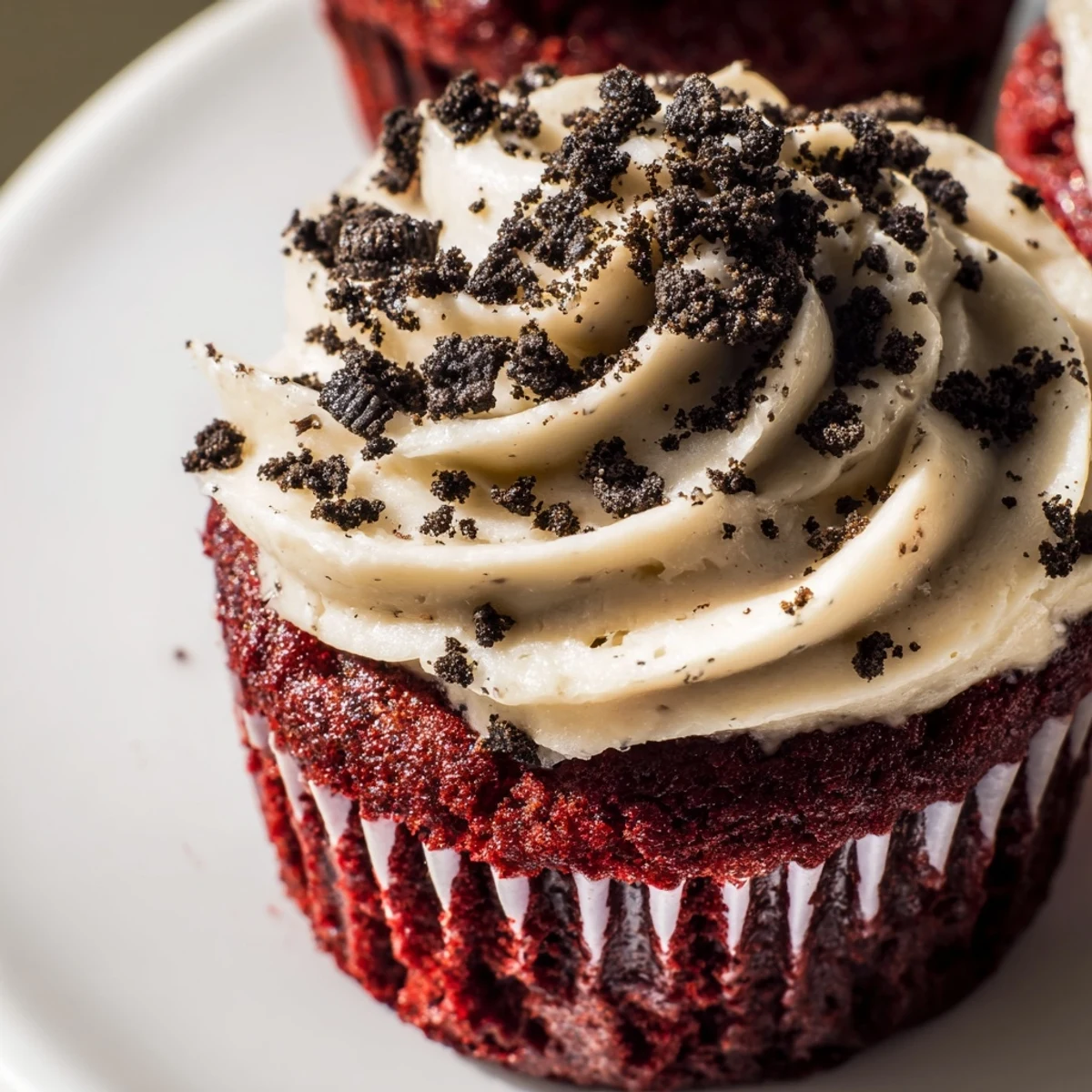 Red Velvet Oreo Cupcakes topped with swirls of cookies and cream frosting