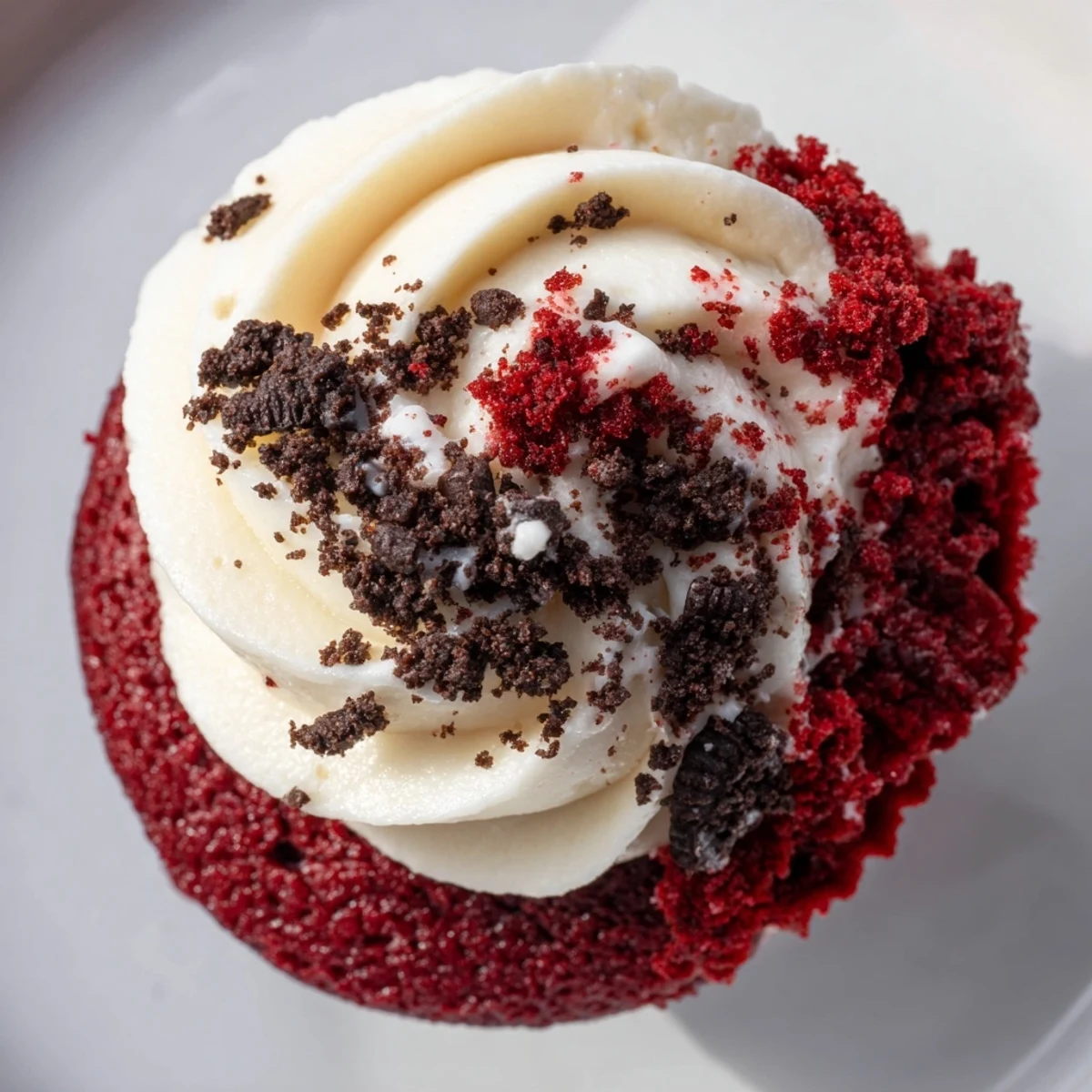 Moist Red Velvet Oreo Cupcakes with cream cheese frosting on a decorative plate