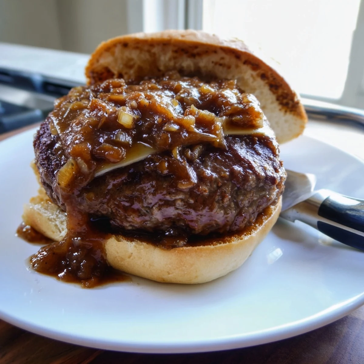 Juicy smothered hamburger steak sandwiches dripping with rich onion gravy on toasted buns