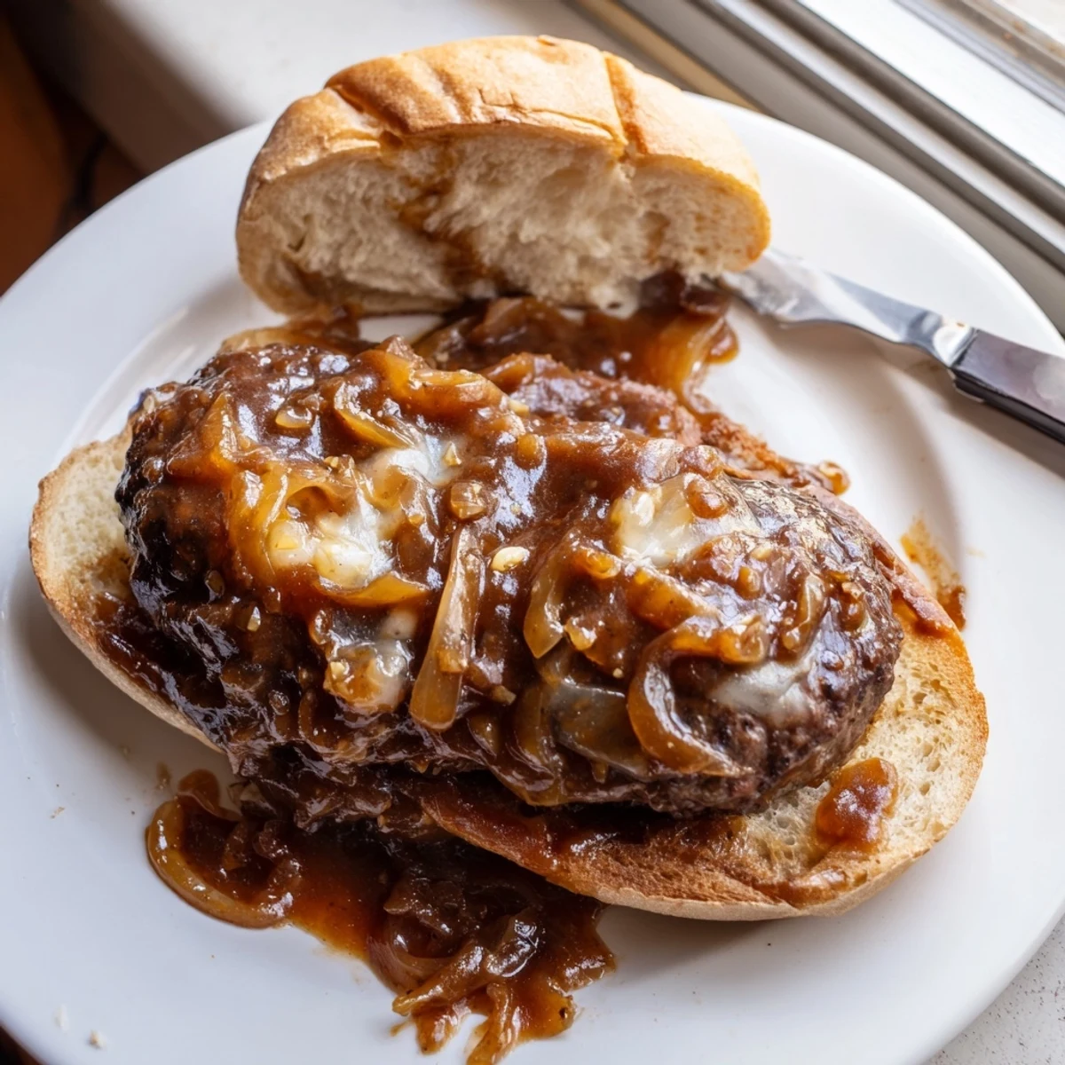 Golden caramelized onions blanket tender smothered hamburger steak sandwiches in savory brown gravy