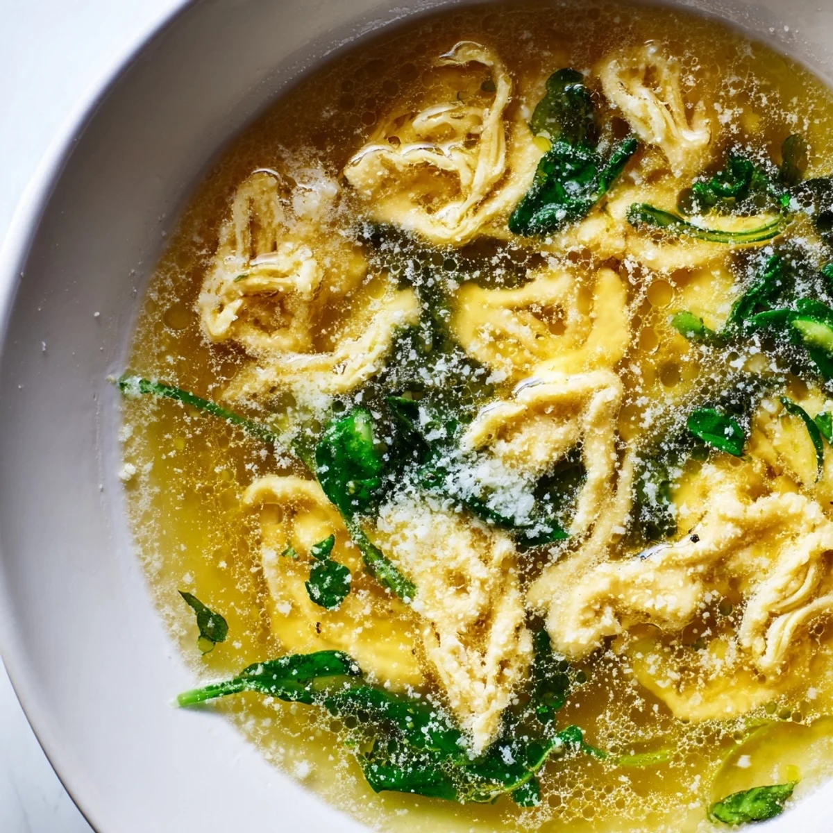 Creamy Stracciatella Soup ladled into a bowl topped with grated Parmesan