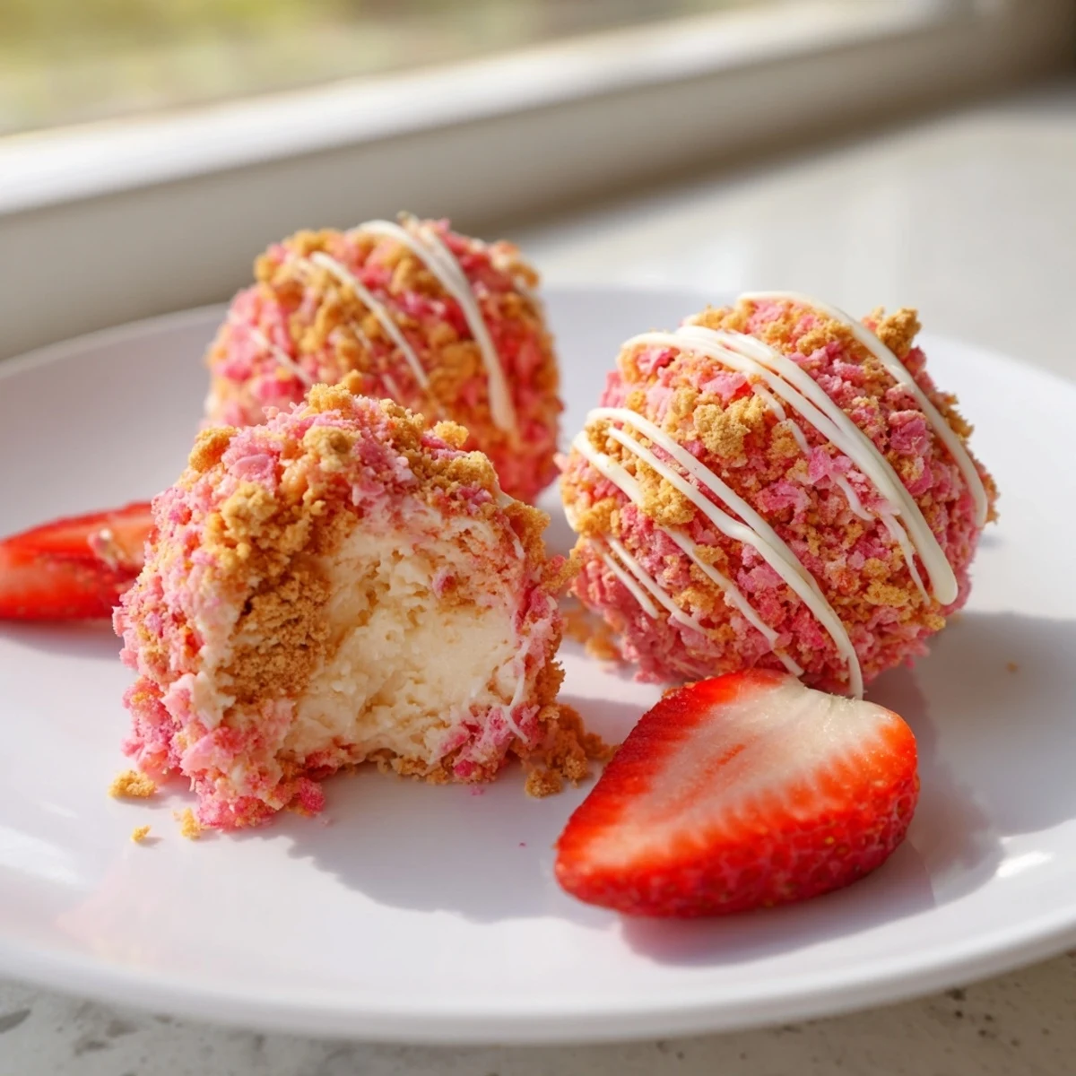 Creamy strawberry crunch cheesecake bites coated in crispy golden crumbs on a plate