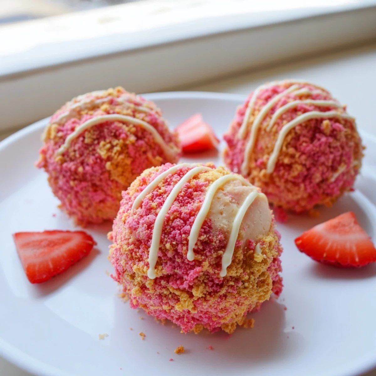 Chilled strawberry crunch cheesecake bites with a crunchy pink coating ready for serving