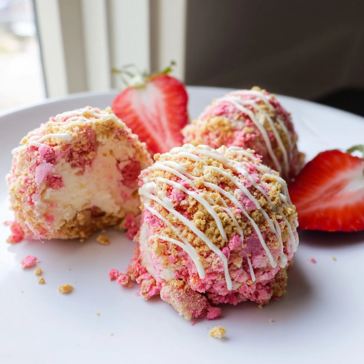 Golden strawberry crunch cheesecake bites drizzled with white chocolate and fresh berries