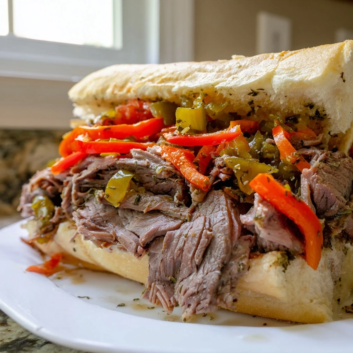 Juicy Chicago Style Italian Beef sandwich dripping with au jus and topped with colorful giardiniera peppers