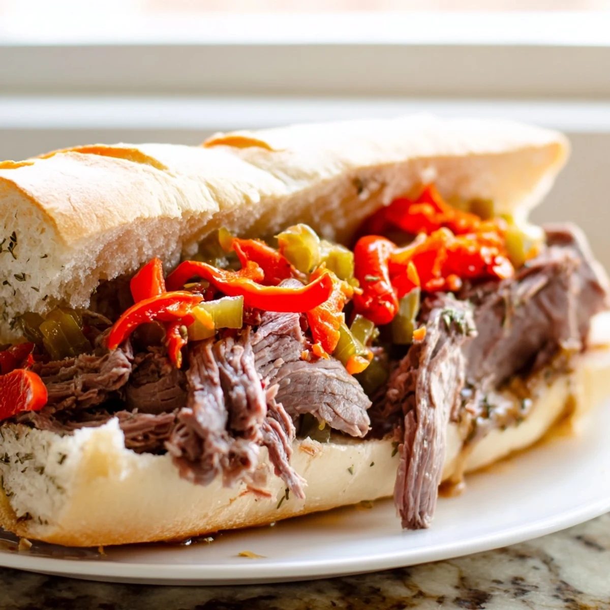 Tender sliced roast beef piled high on a crusty roll in this Chicago Style Italian Beef