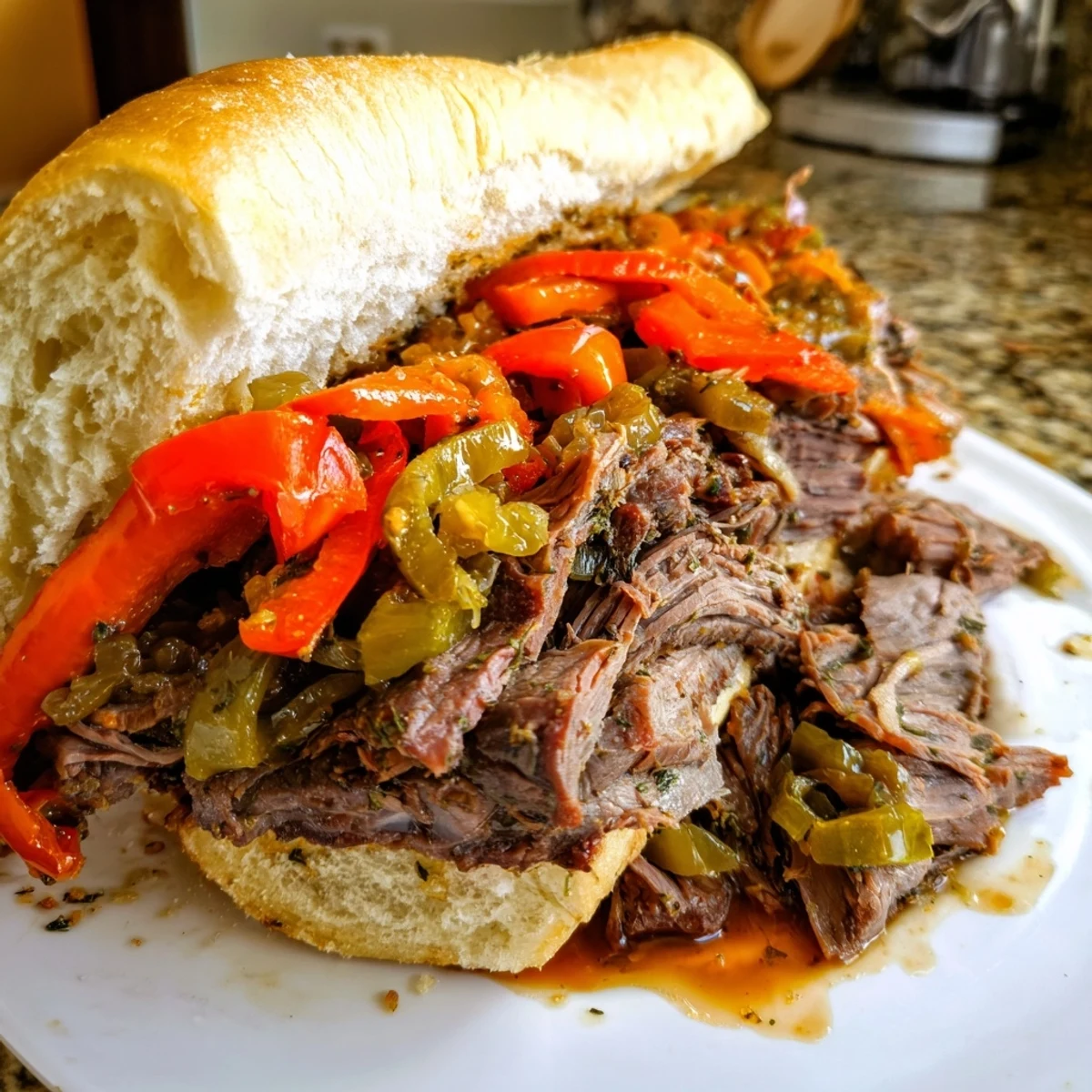 Savory Chicago Style Italian Beef served on a toasted hoagie bun with sweet roasted peppers
