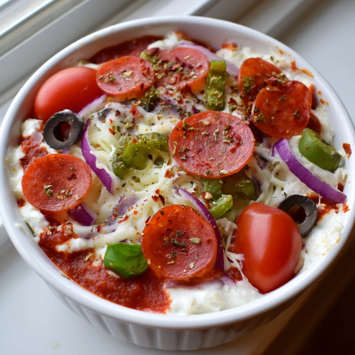 A golden bubbling cottage cheese pizza bowl topped with melted mozzarella and fresh basil
