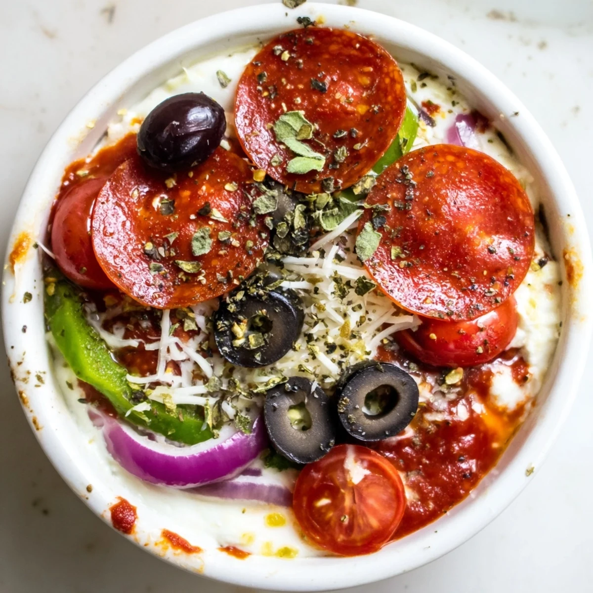 Steaming cottage cheese pizza bowl in a ramekin with colorful veggies and bubbling marinara