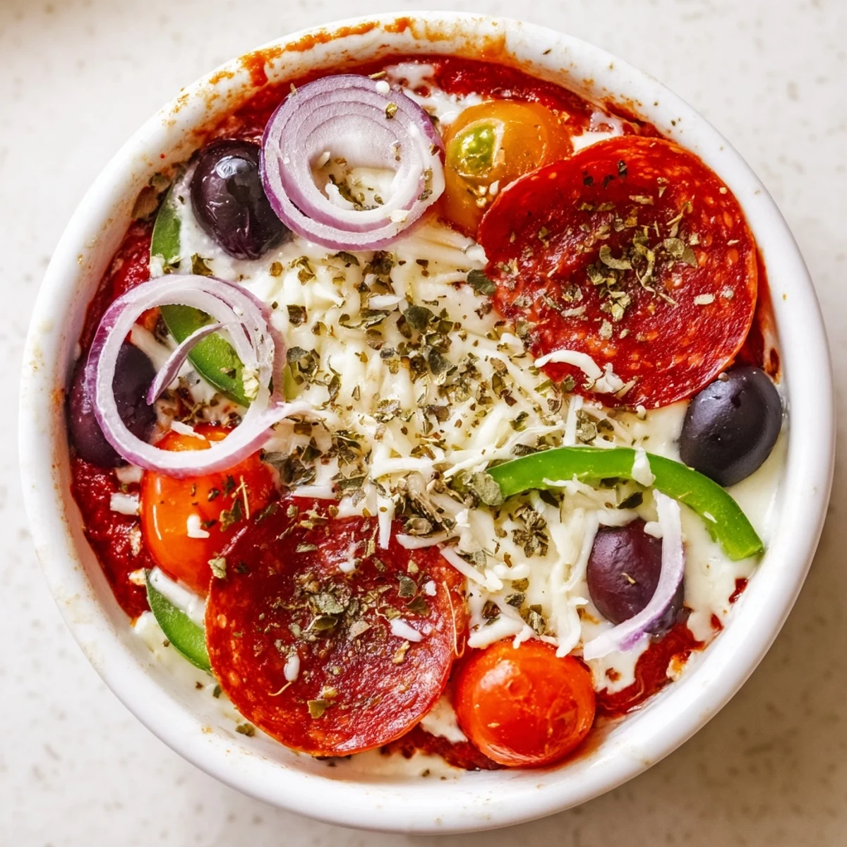 Creamy cottage cheese pizza bowl loaded with pepperoni tomatoes and gooey melted cheese