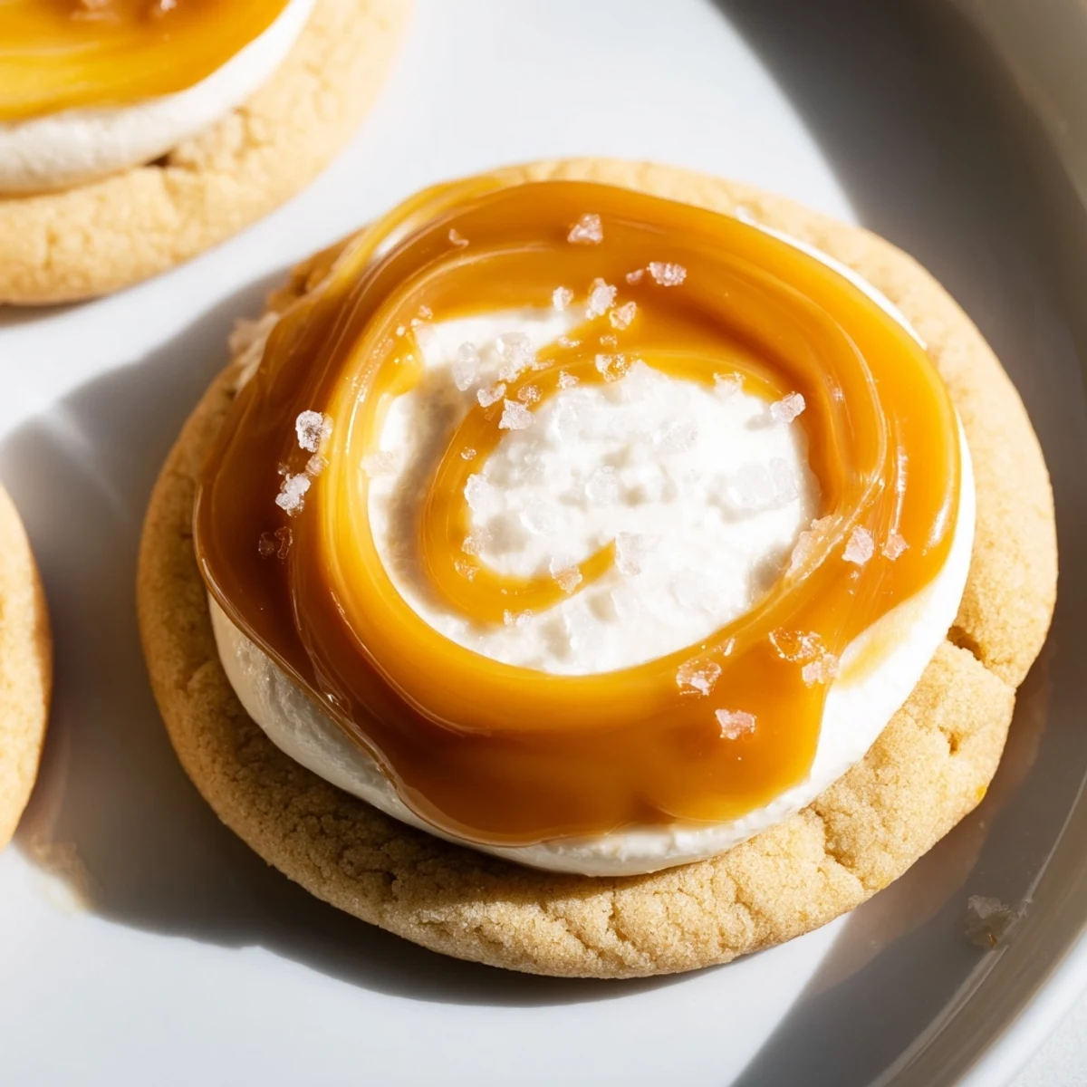 Soft caramel cheesecake cookies with golden caramel drizzle on a rustic baking sheet